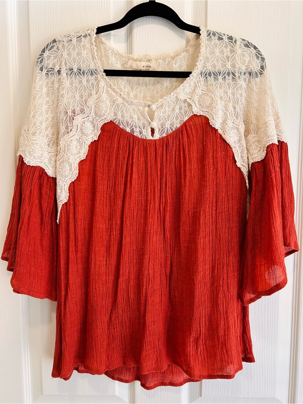 A'Reve Rust Peasant Tunic w/ Cream Lace Yoke